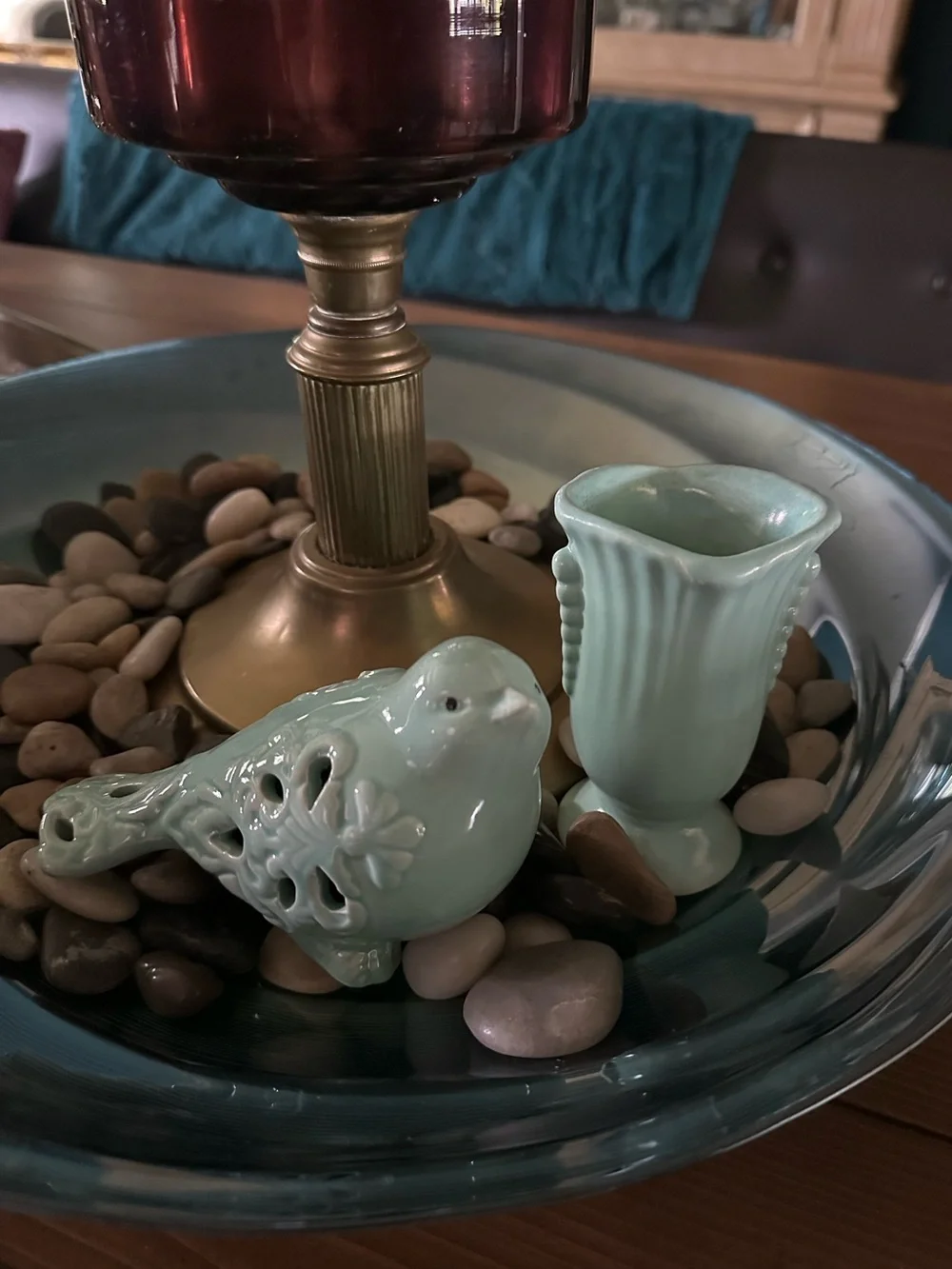 Ceramic Teal Blue Decorative Bird Figurine and Vase Set